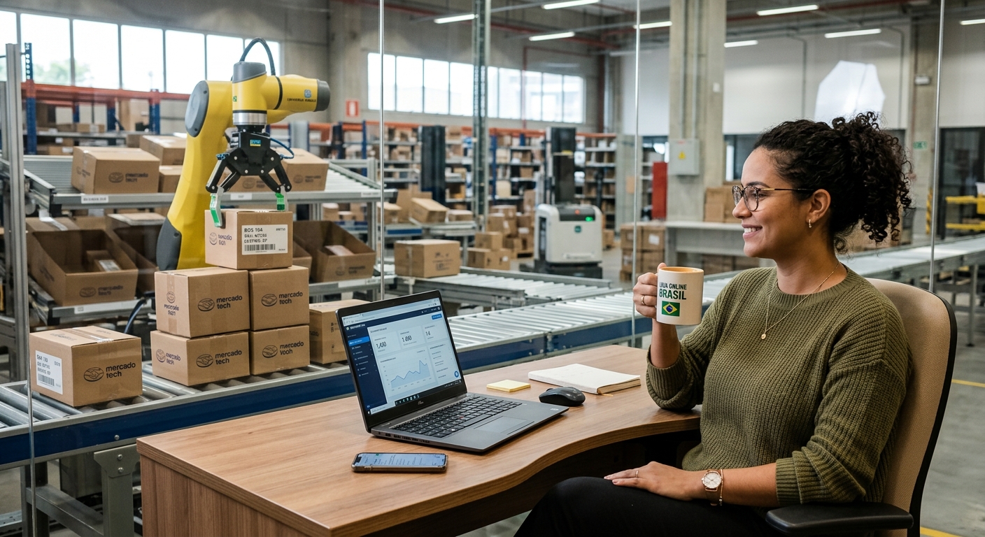 Gerente de e-commerce brasileiro relaxando com café enquanto um braço robótico organiza caixas, simbolizando a automação de tarefas