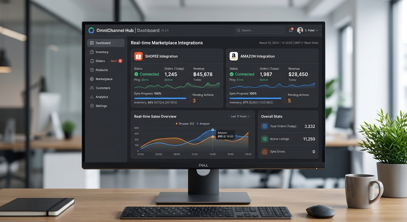 Tela de ERP moderno com integração em tempo real com marketplaces Shopee e Amazon