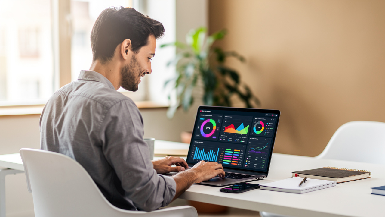 Proprietário de pequena empresa brasileiro analisando relatórios gerados por inteligência artificial no laptop