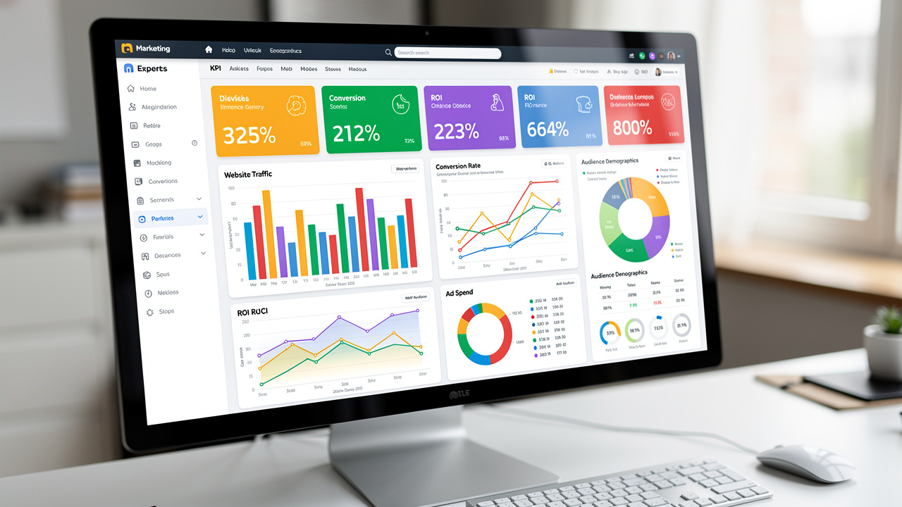 Relatório de marketing digital detalhado com gráficos e dados personalizados em monitor de computador