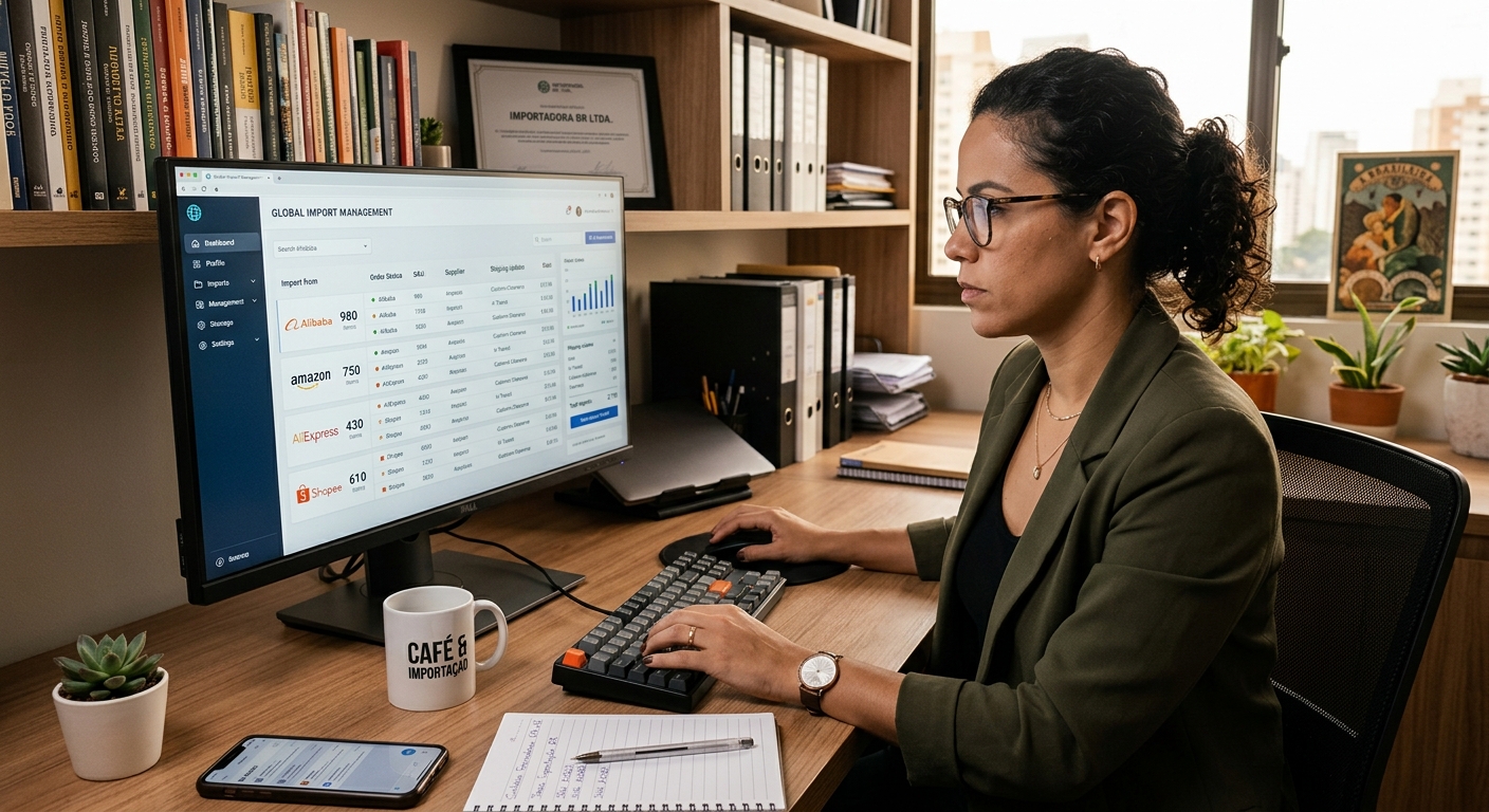 Lojista importando produtos de múltiplos marketplaces em um único painel organizado