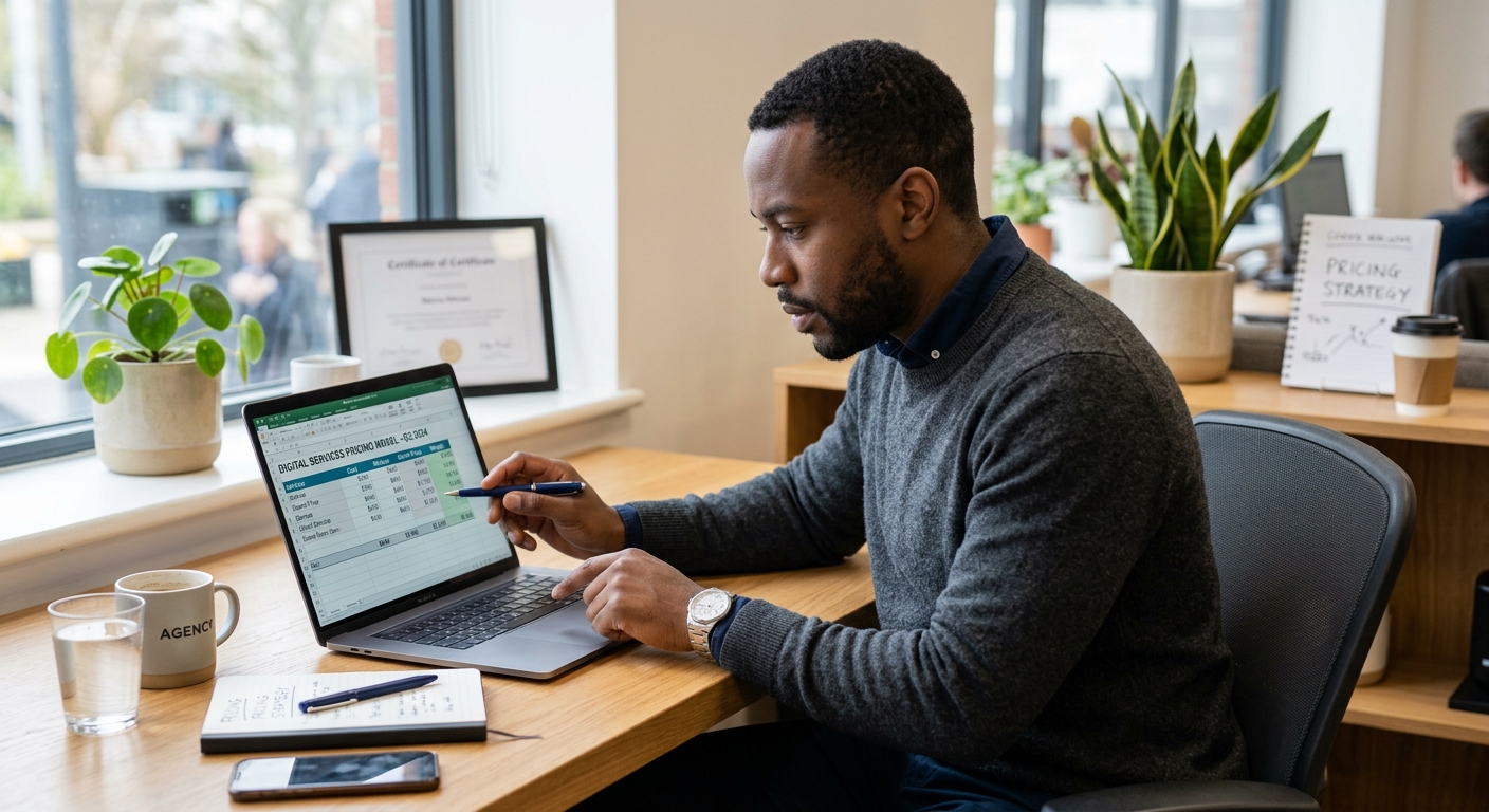Empreendedor analisando planilha de precificação de serviços no laptop em mesa de madeira