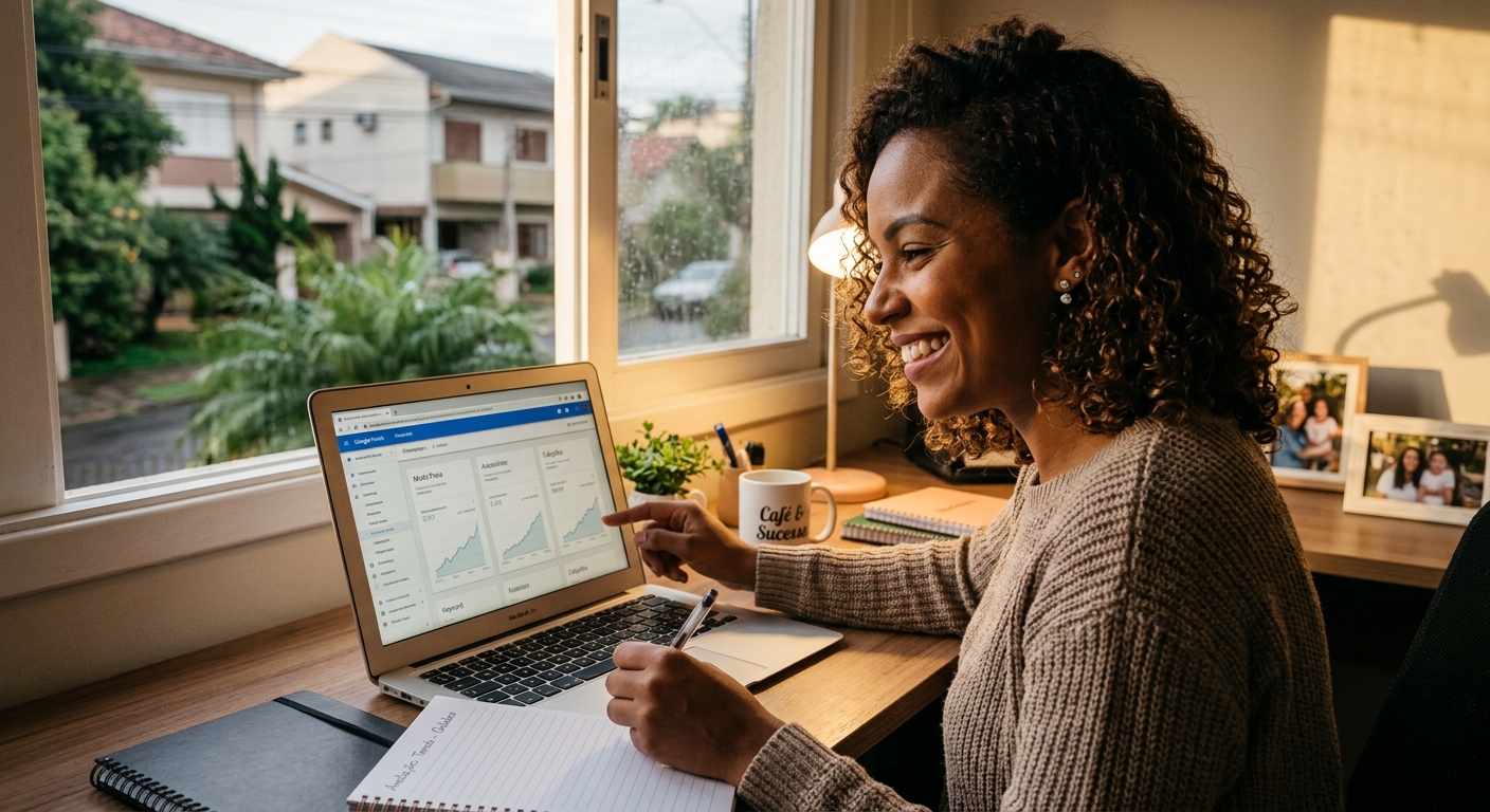 Lojista online analisando tendências de produtos em seu notebook com uma expressão de satisfação.