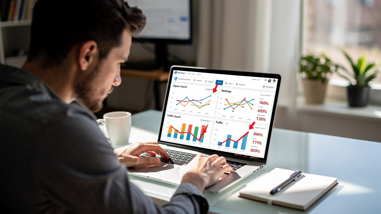 Pessoa analisando queda de posições no ranking do Google em laptop com dashboard aberto
