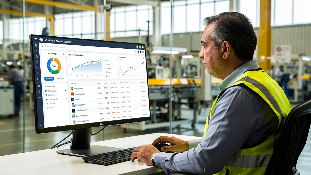 Gerente industrial analisando painel de e-commerce B2B em escritório de fábrica moderna