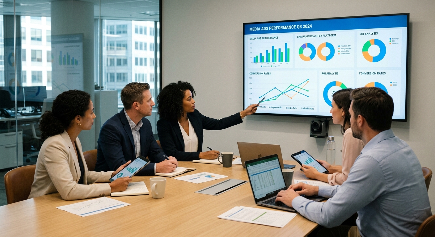 Equipe de marketing analisando desempenho de anúncios em uma sala de reunião com gráficos visíveis