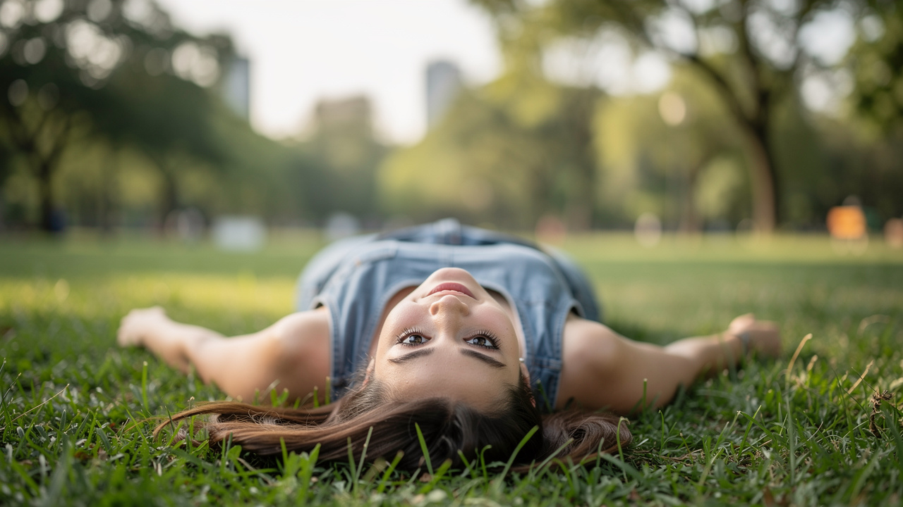Jovem mulher deitada na grama do parque olhando para o céu com expressão relaxada
