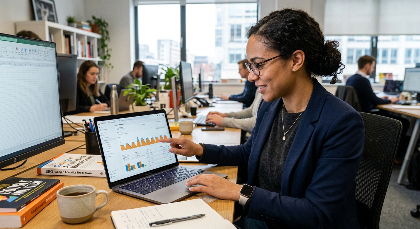 Profissional de marketing digital analisando dados de tráfego em um laptop