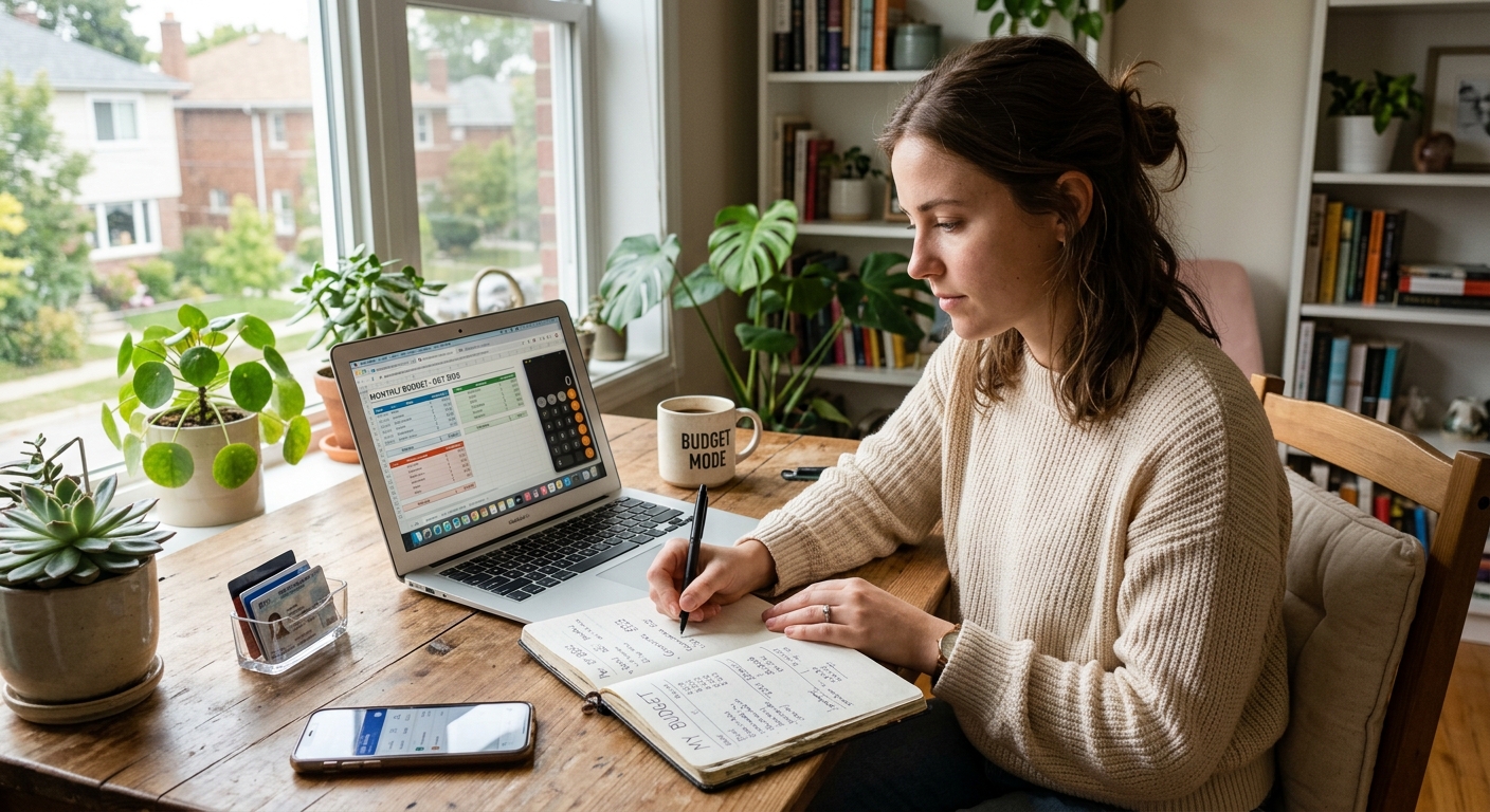 Jovem analisando suas finanças com um laptop e caderno em ambiente aconchegante