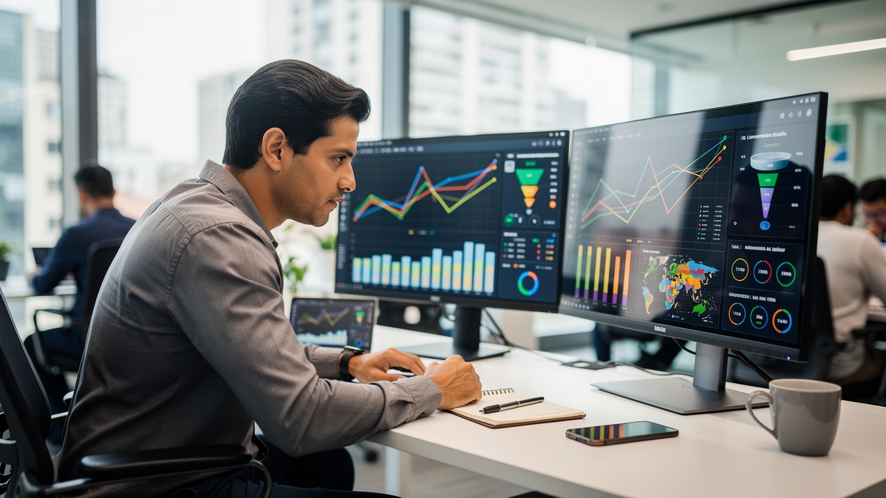 Gestor de e-commerce analisando gráficos de tendências do varejo digital em escritório moderno