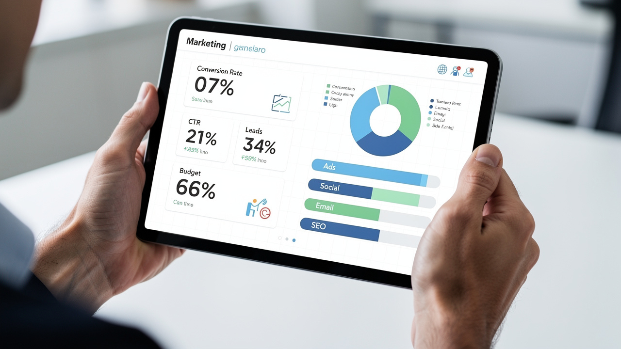 Mãos segurando tablet com dashboard de KPIs de marketing mostrando taxa de conversão e alocação de verba