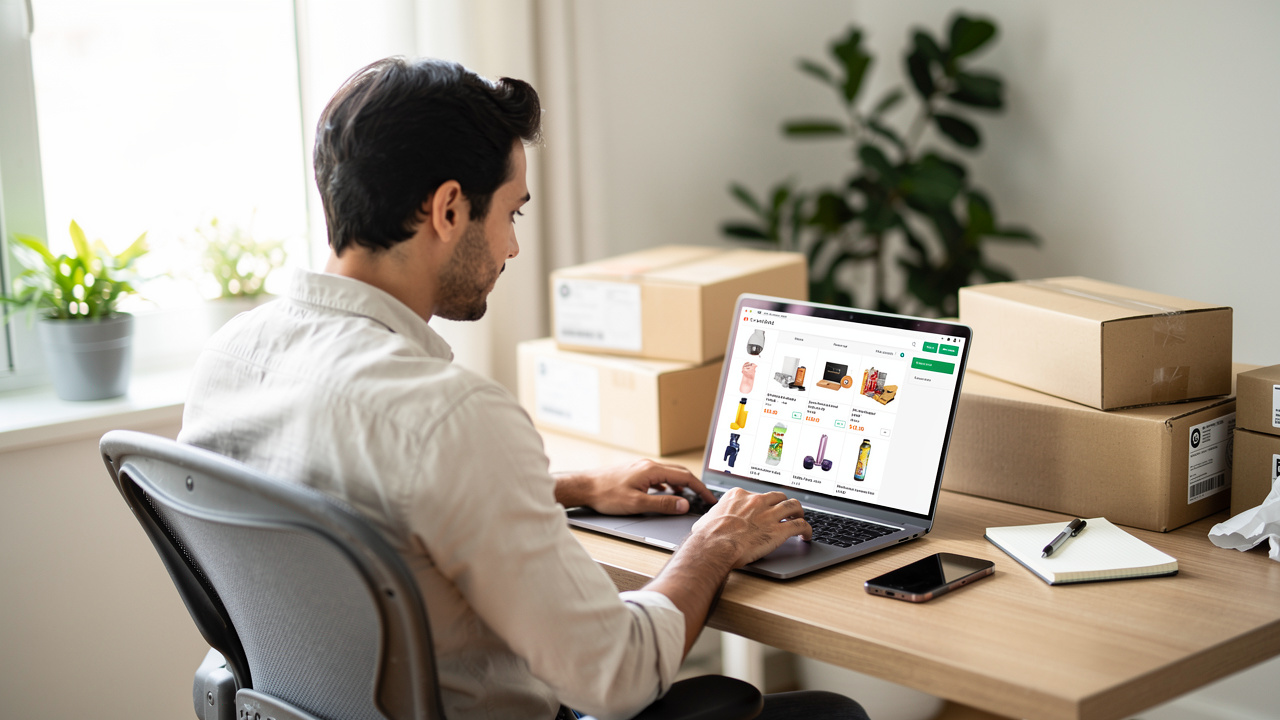 Empreendedor brasileiro gerenciando loja virtual em laptop com catálogo de produtos aberto