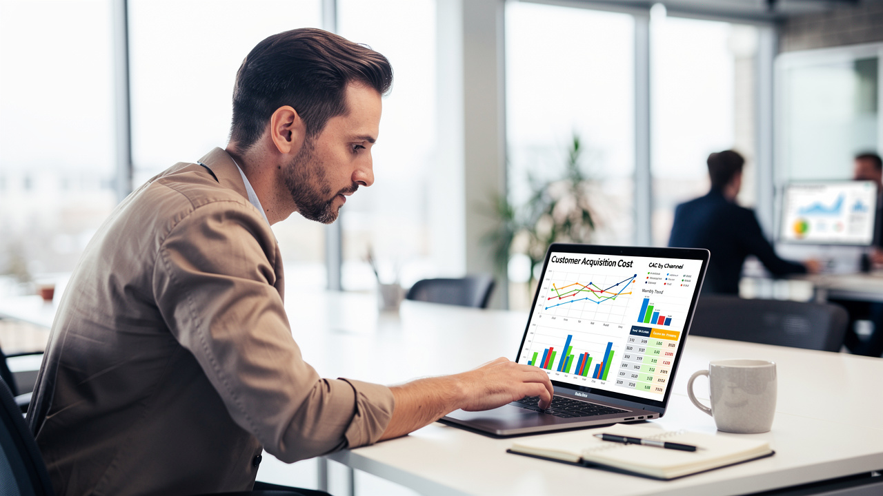 Gestor de e-commerce analisando métricas de CAC em laptop em escritório moderno