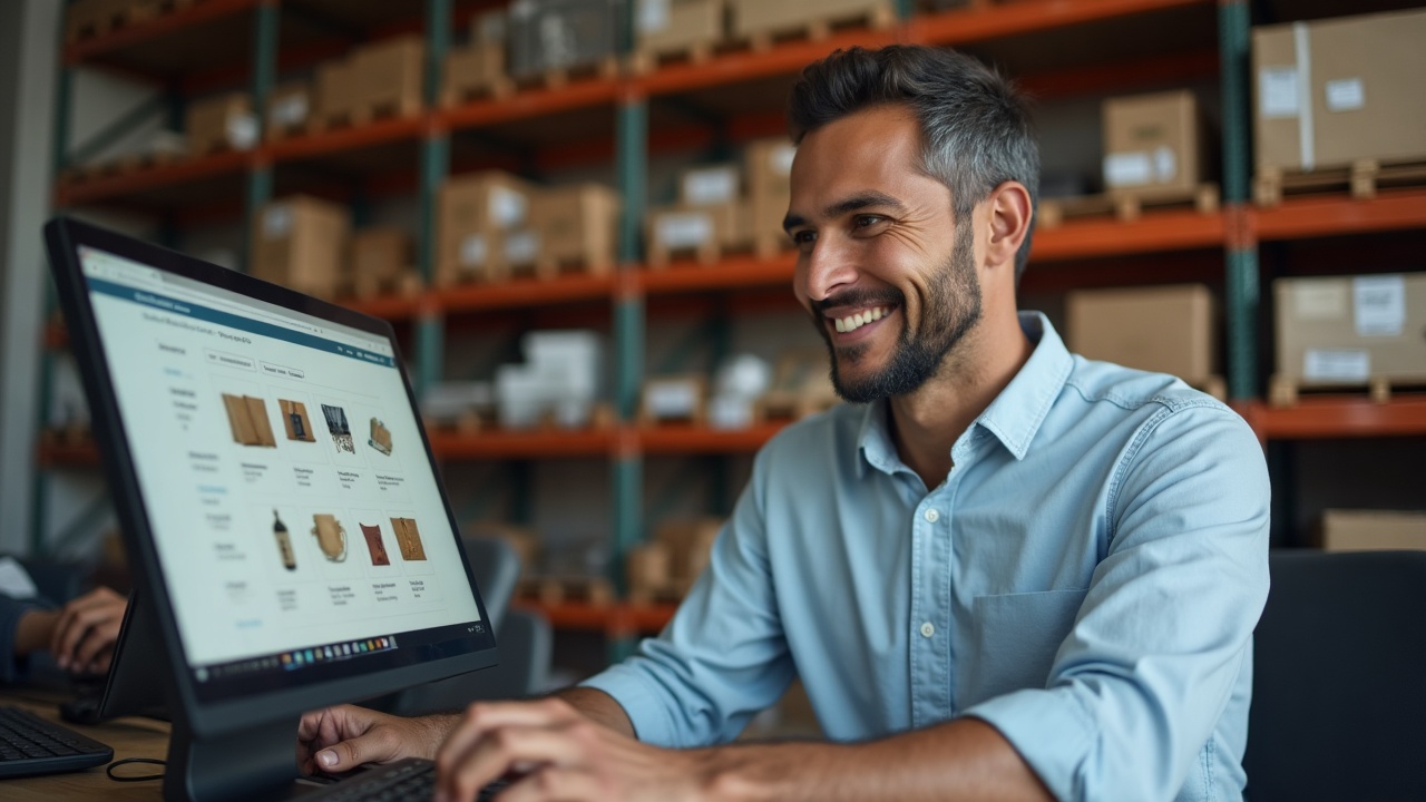 Lojista analisando descrições de produtos geradas automaticamente na tela do computador