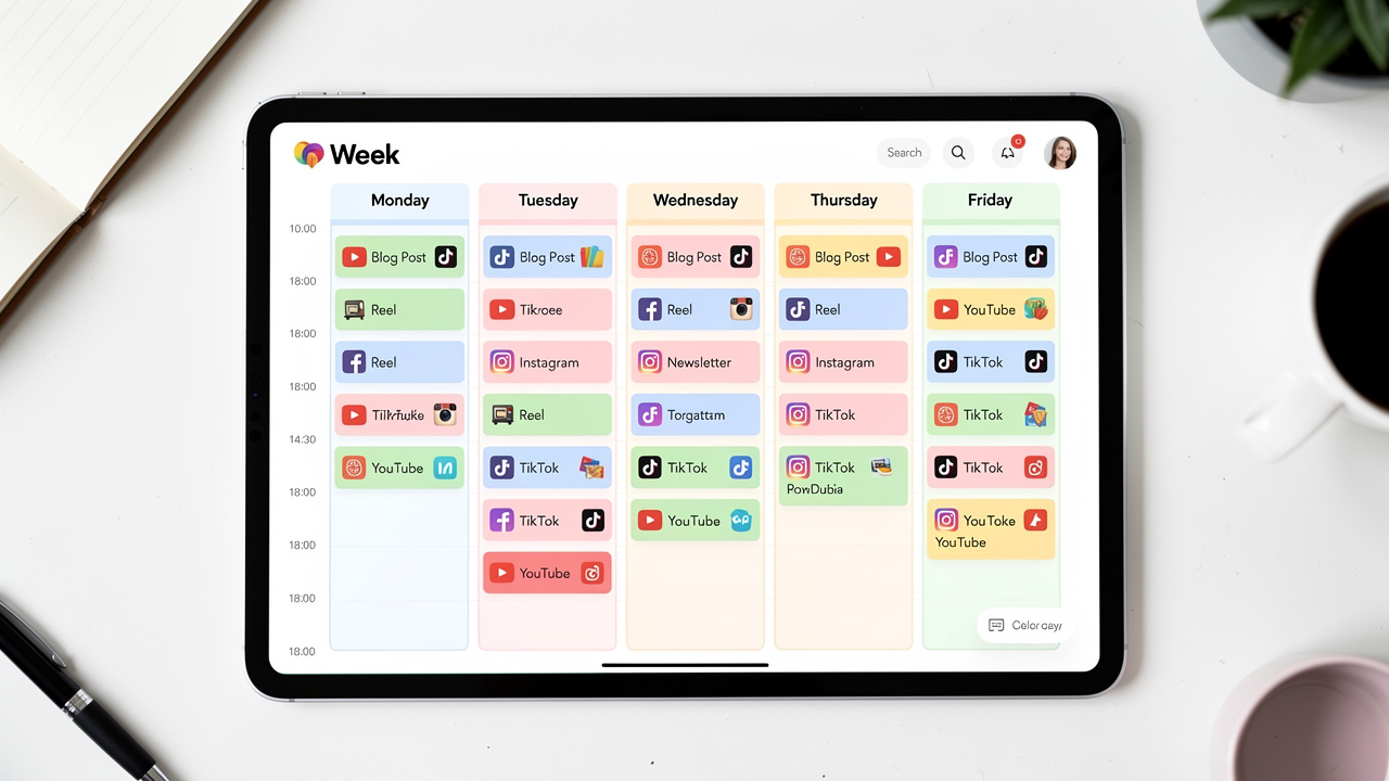 Calendário de conteúdo digital em um tablet mostrando posts de blog e redes sociais agendados para a semana