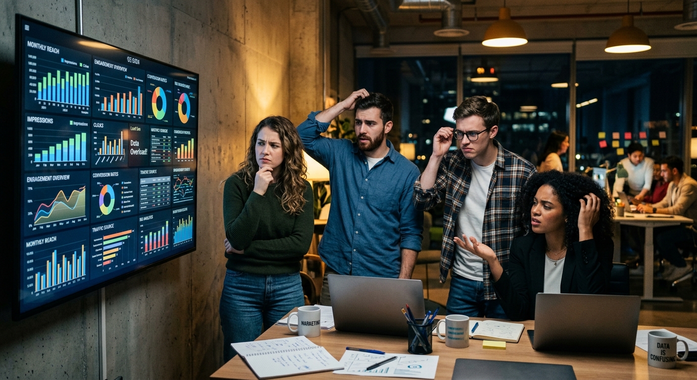 Equipe de marketing analisando gráficos complexos em uma tela, parecendo confusa com os dados de crescimento.