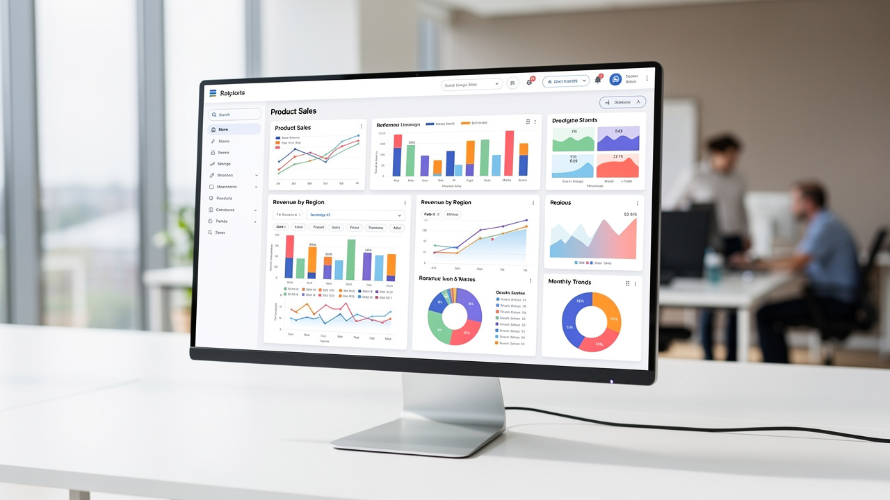 Tela de computador exibindo painéis de dados com gráficos de vendas de produtos para e-commerce.
