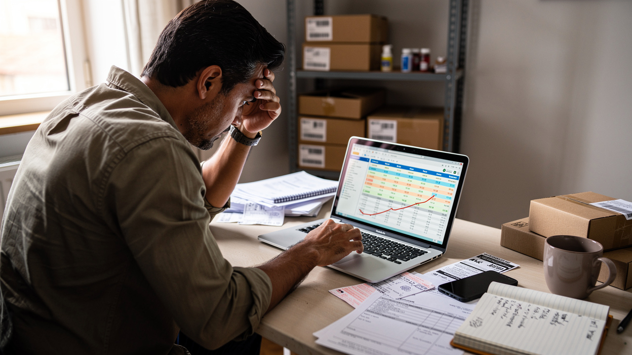 Empreendedor brasileiro olhando planilhas financeiras no notebook com expressão preocupada