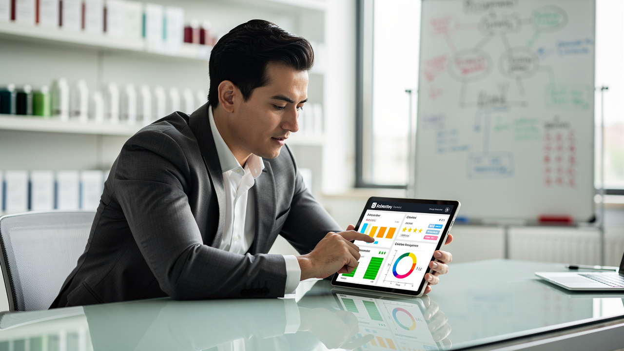 Empreendedor analisando dados de clientes e estratégias de diferenciação em tablet