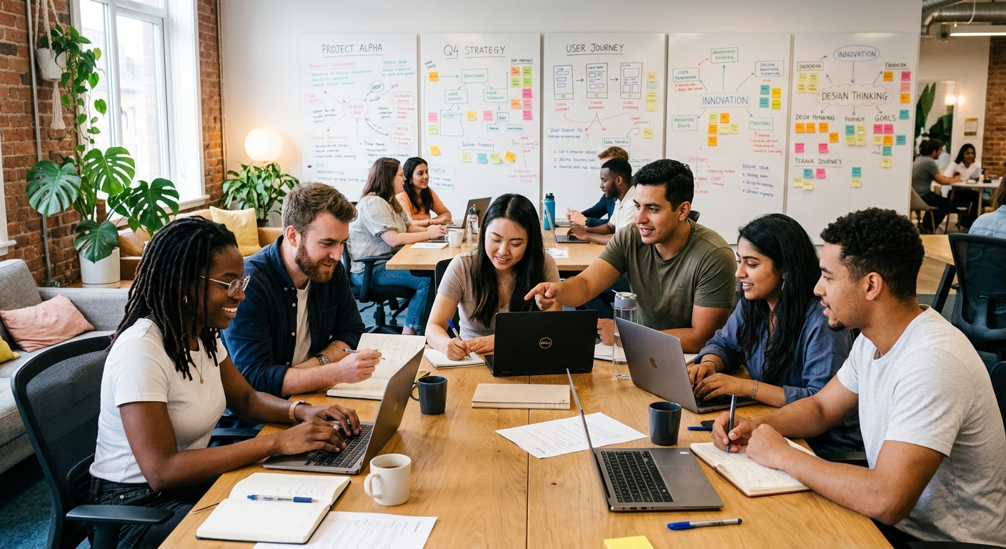 Um grupo diversificado de jovens colaborando em laptops e cadernos em um espaço de coworking, com quadros de ideias ao fundo.