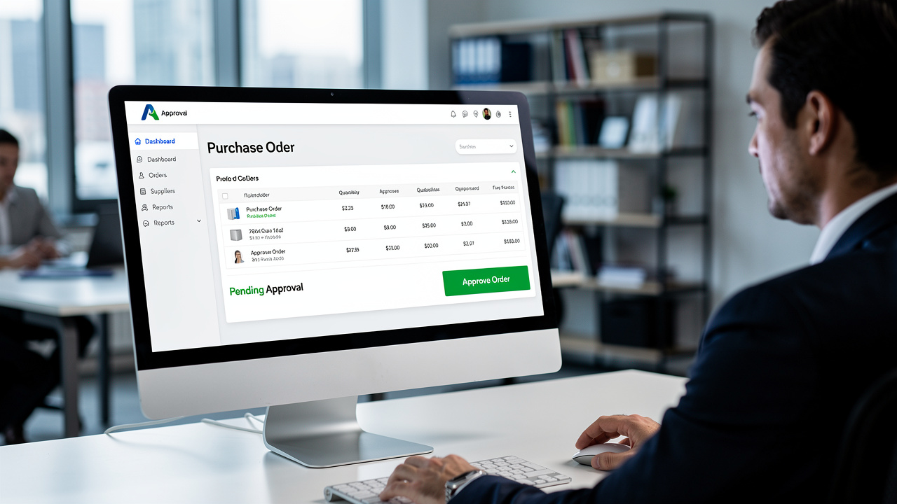 Gestor aprovando um pedido de compra em uma tela de computador dentro de uma plataforma de e-commerce B2B.