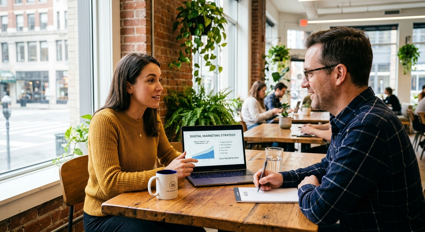 Freelancer de marketing apresentando estratégia digital a cliente em espaço de coworking