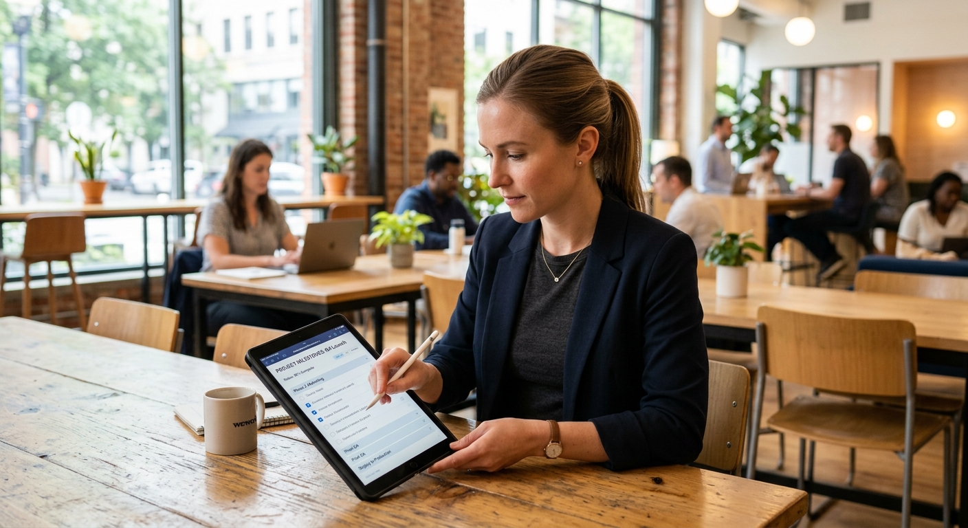 Profissional conferindo checklist digital em tablet em espaço de coworking iluminado