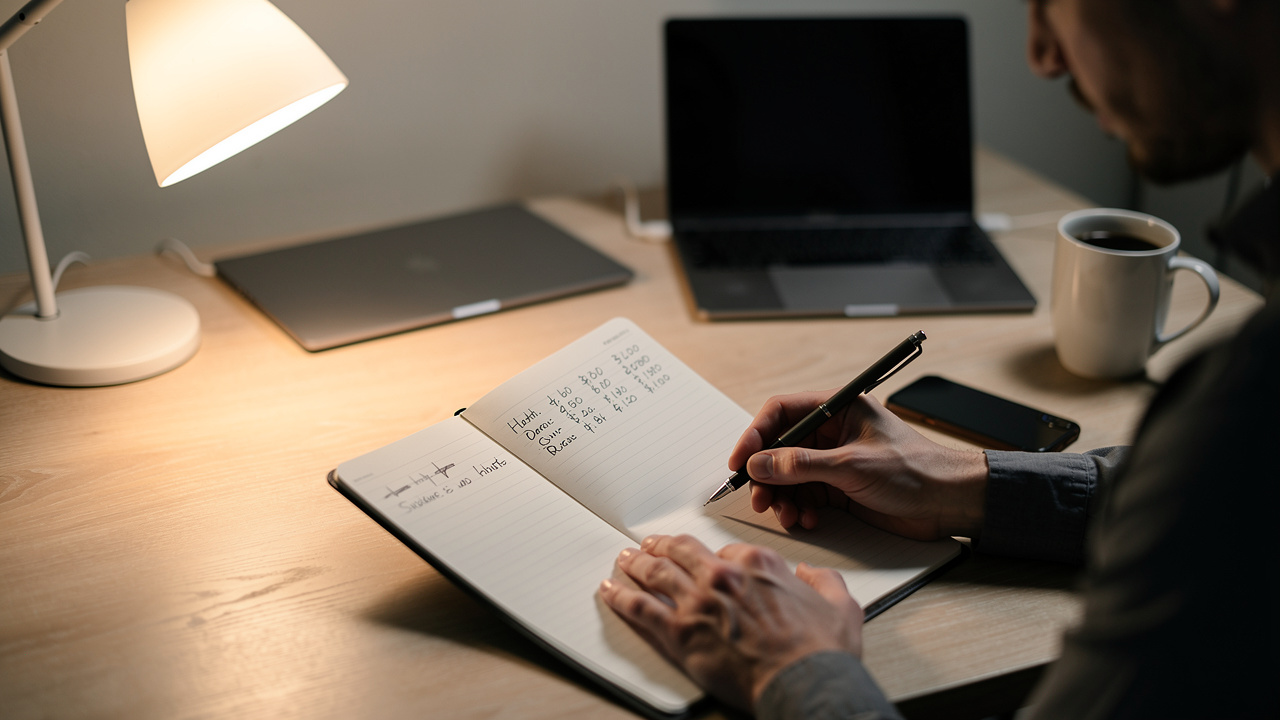 Freelancer organizando tabela de preços de serviços digitais em caderno sobre mesa