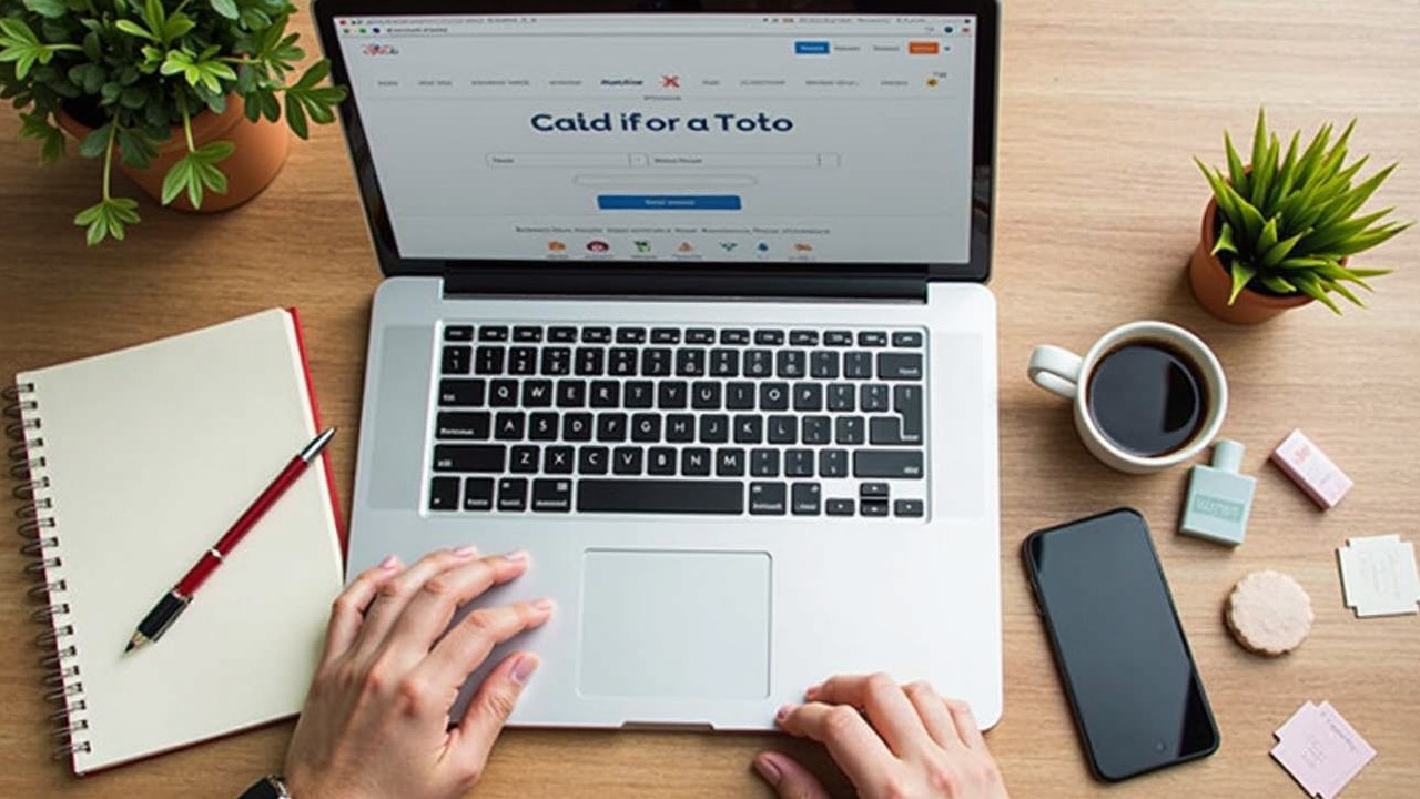 Mesa de trabalho com notebook aberto em plataforma de e-commerce, amostras de produtos e um café.