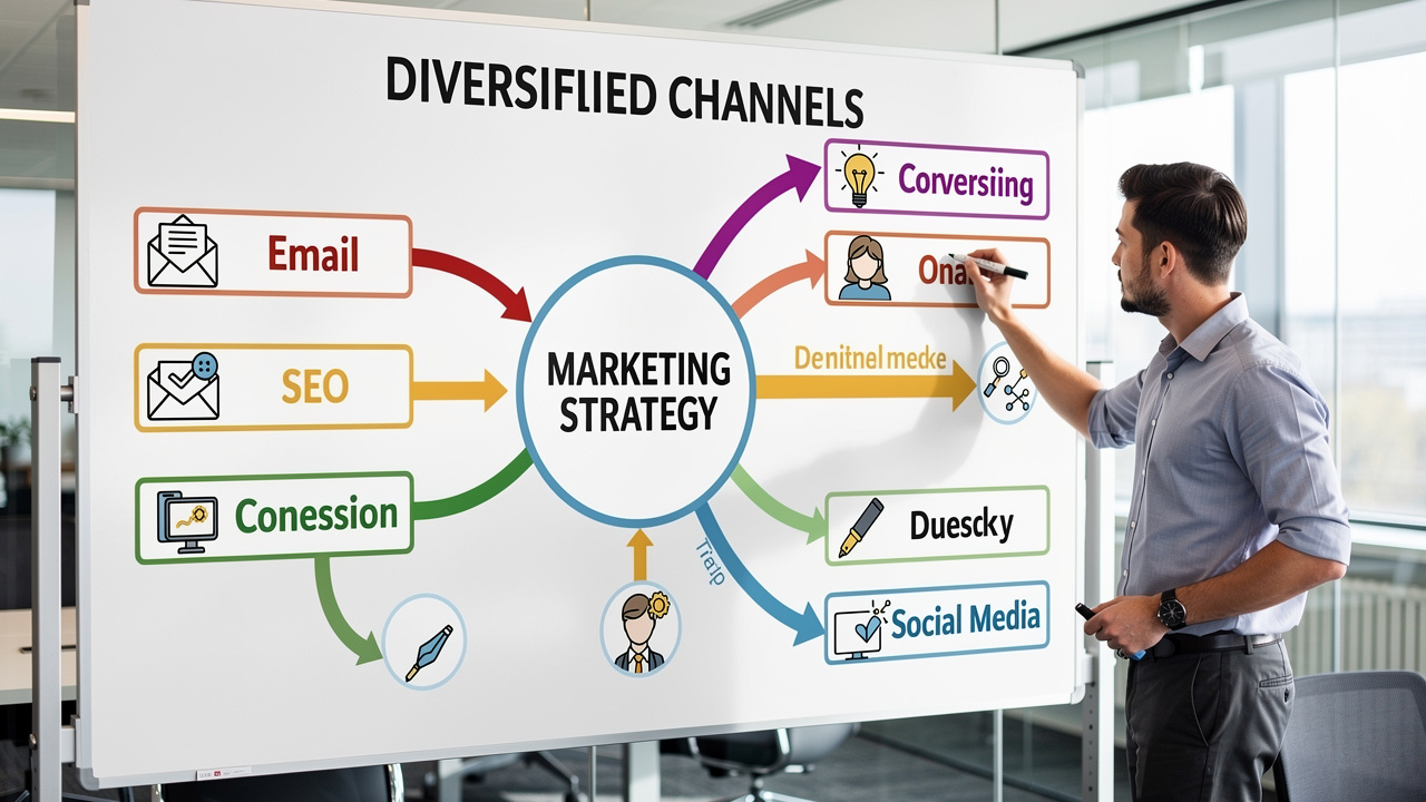 Diagrama em quadro branco mostrando estratégia de marketing com múltiplos canais diversificados