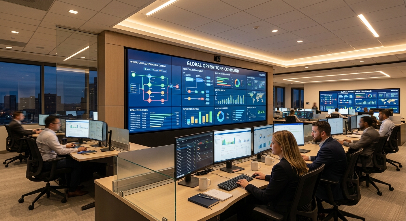 Central de operações moderna com painéis digitais exibindo fluxos automatizados em tempo real