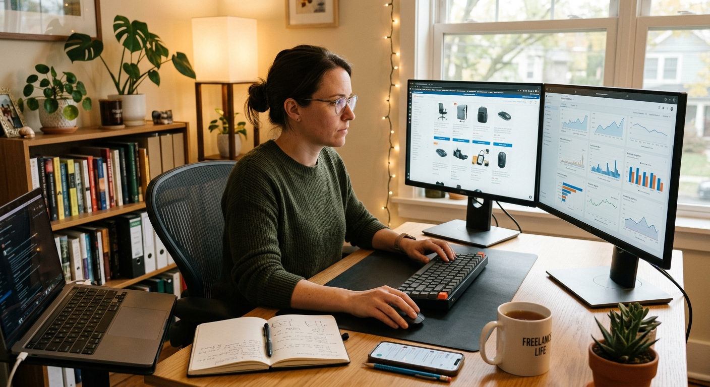 Consultor de marketing trabalhando em casa com dois monitores mostrando listagens e análises