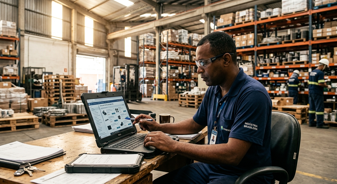 Gestor industrial analisando catálogo digital em notebook dentro de galpão de fábrica