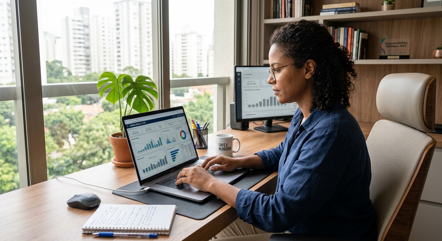 Empreendedor brasileiro analisando painel de ERP em laptop em escritório doméstico moderno