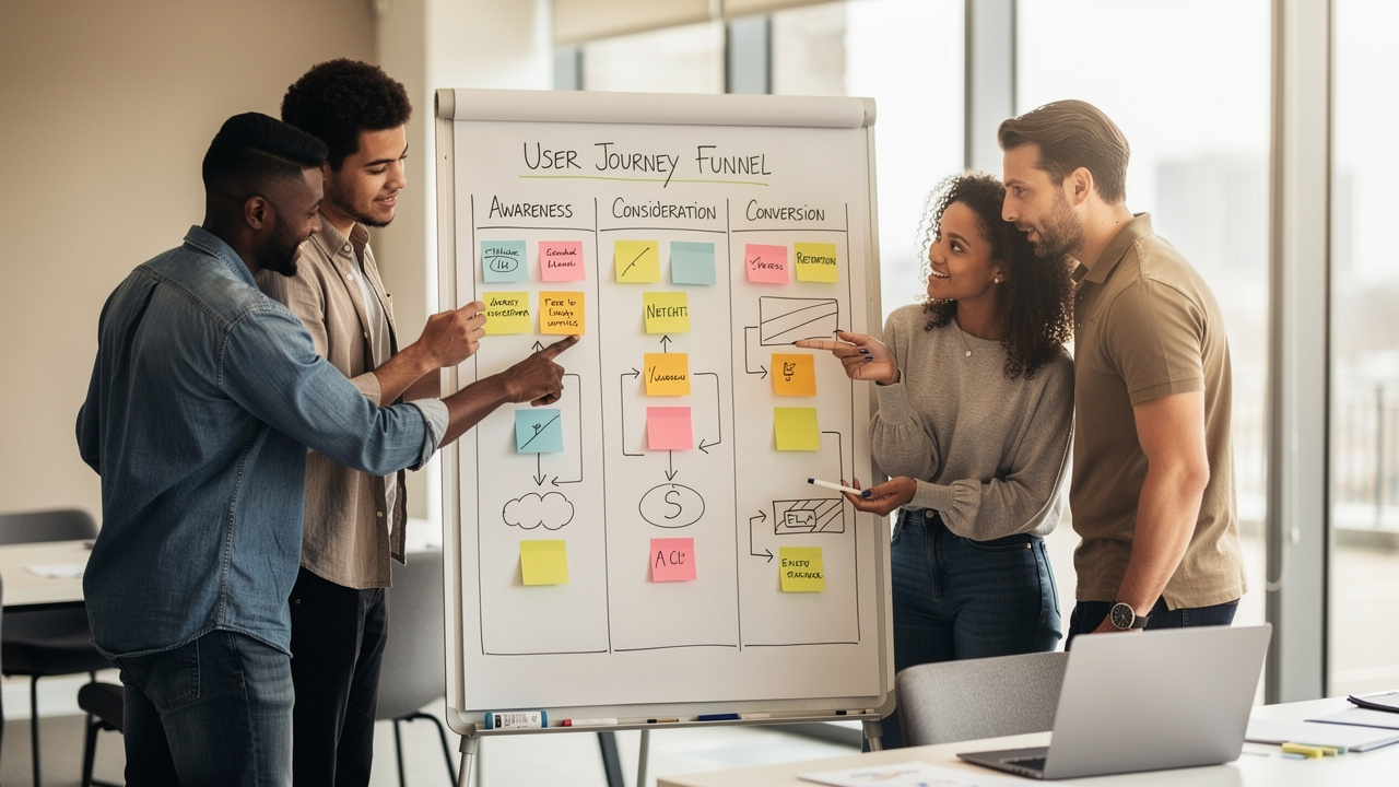 Equipe de startup mapeando funil de crescimento em quadro branco com post-its