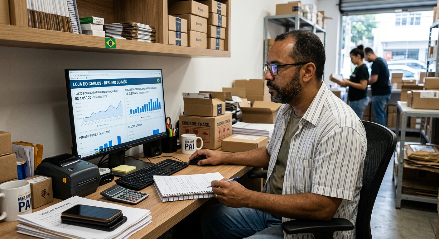 Lojista revisando relatórios de frete e gastos com anúncios pagos em tela de computador