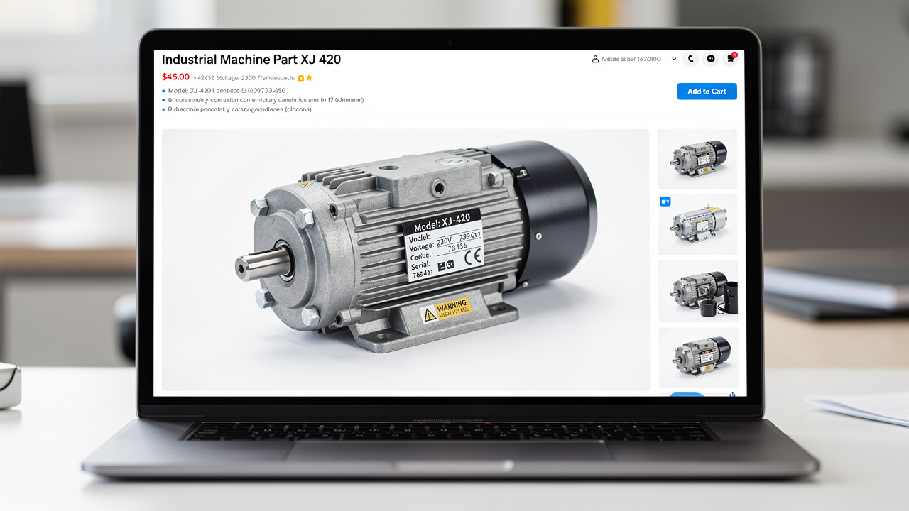Tela de laptop exibindo uma página de e-commerce com detalhes técnicos de uma peça industrial.