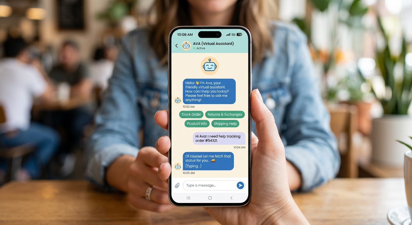 Interface de chatbot de atendimento ao cliente em um celular mostrando interações amigáveis
