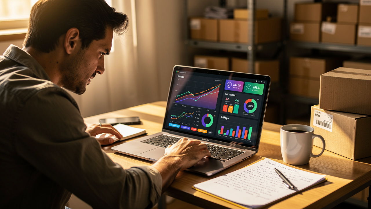Gestor de e-commerce analisando gráficos no laptop em escritório com luz natural