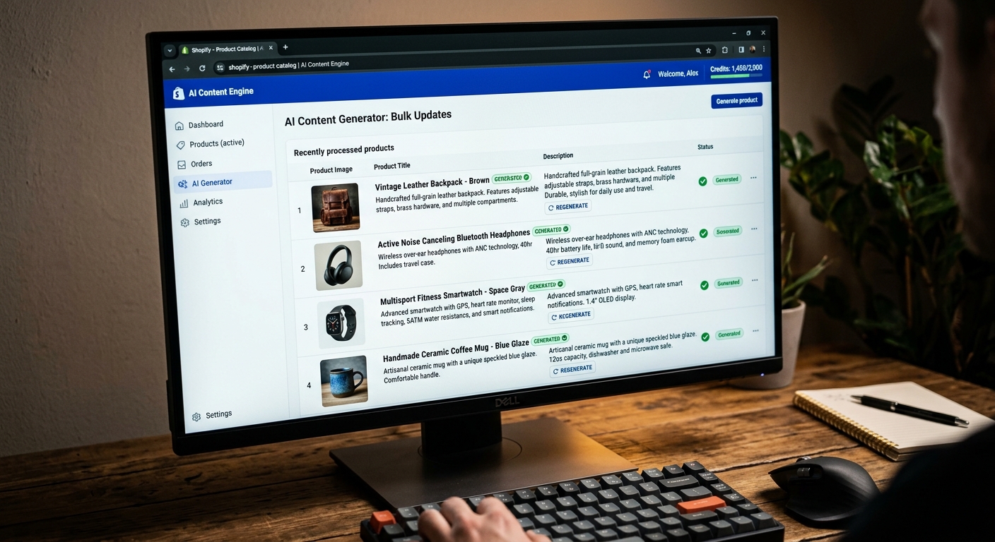 Tela de computador exibindo a plataforma Ascendly gerando descrições de produtos com SEO automaticamente