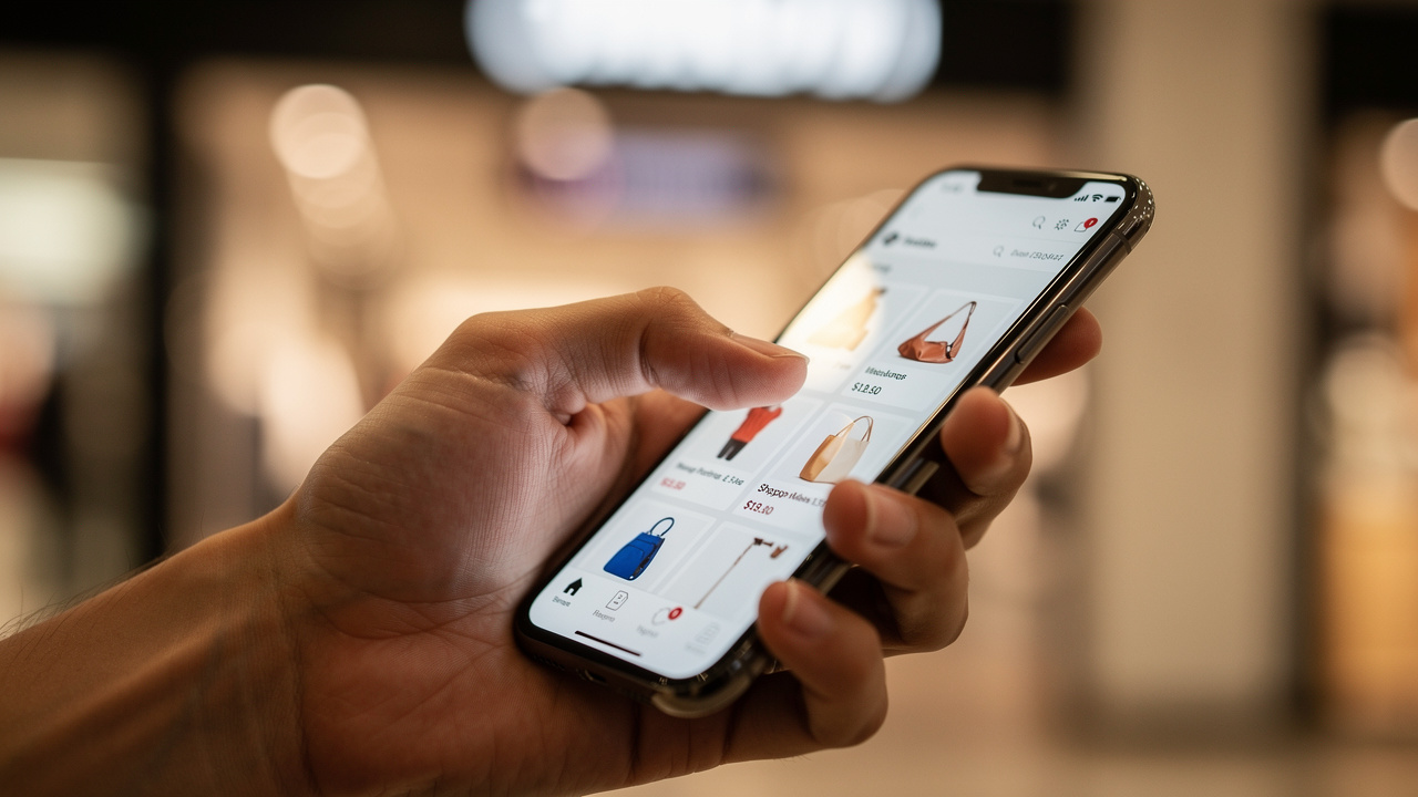 Mão segurando celular com logos de marcas desfocadas ao fundo em app de compras