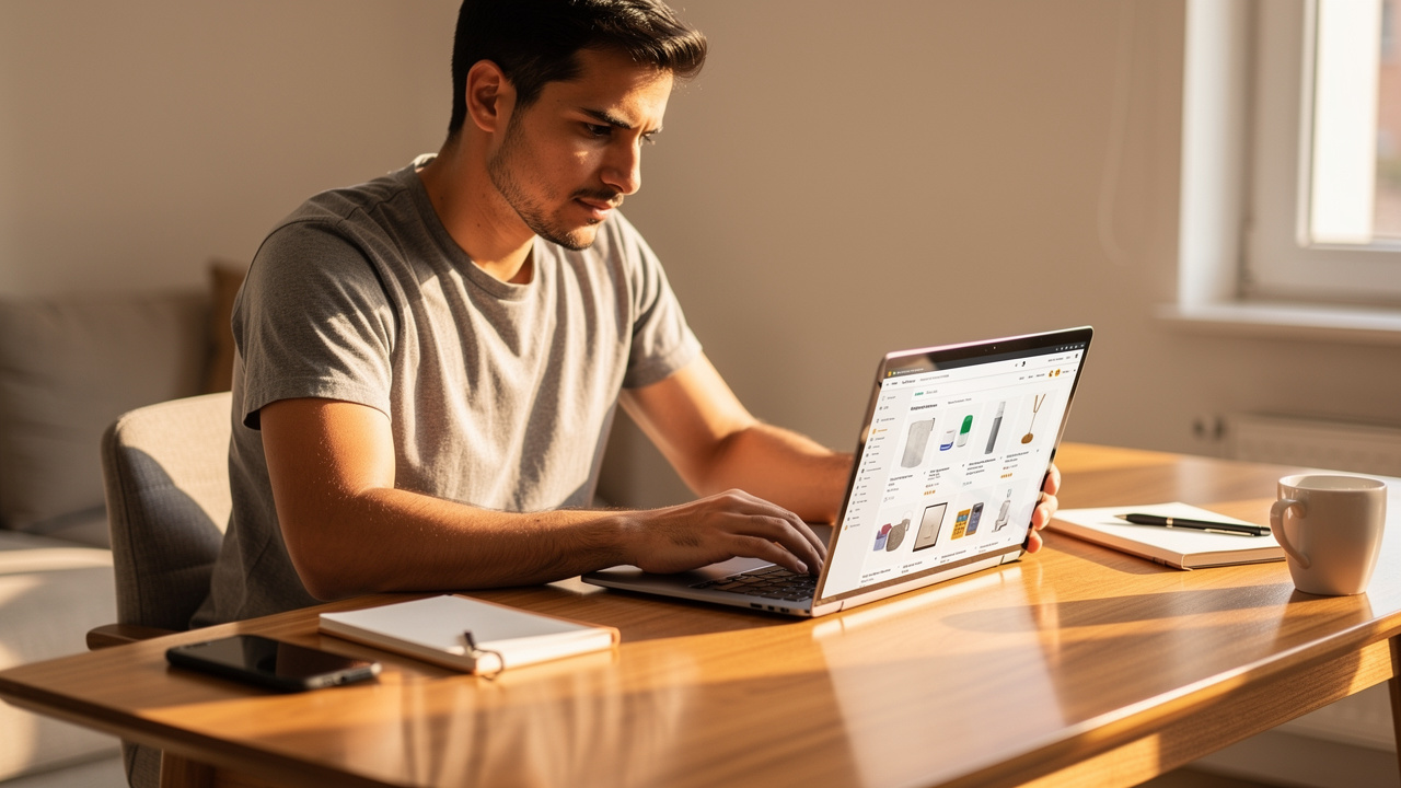 Lojista brasileiro analisando catálogo de produtos no laptop em mesa organizada