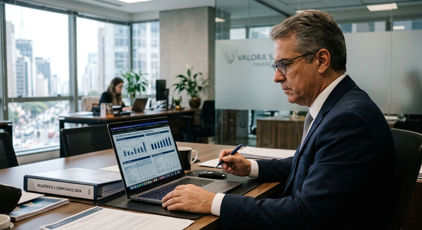 Diretor financeiro brasileiro revisando relatórios de governança e desempenho em escritório corporativo