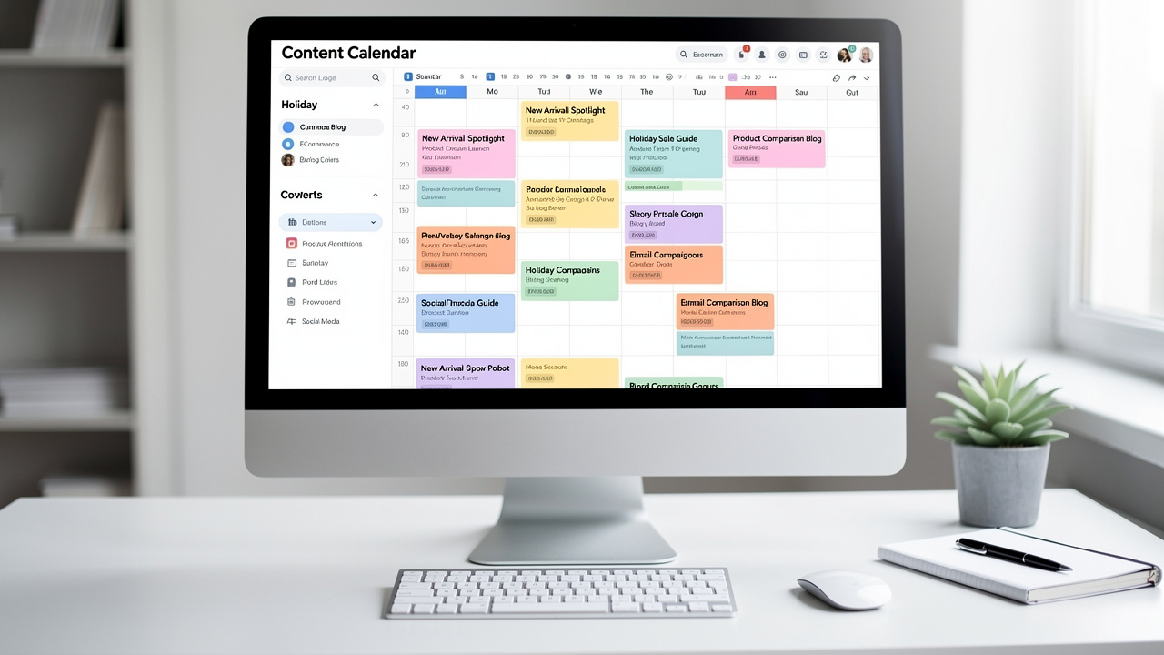 Calendário editorial digital exibido na tela de um computador para organizar o conteúdo de um blog