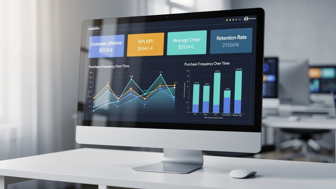 Tela de painel digital com métricas de LTV e frequência de compra de clientes