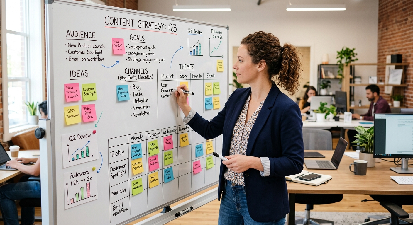 Empreendedor de pequeno negócio planejando estratégia de conteúdo B2B em um quadro branco no escritório.