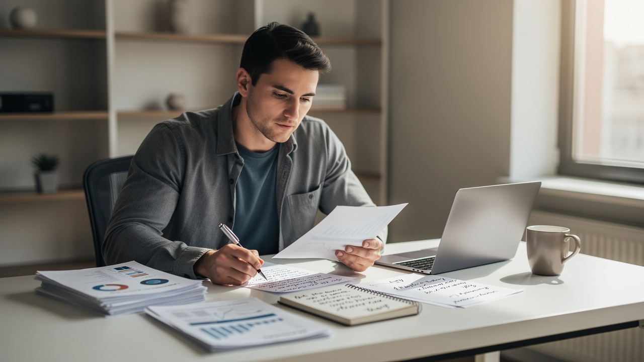 Estrategista de marketing analisando documentos do negócio antes de abrir o computador