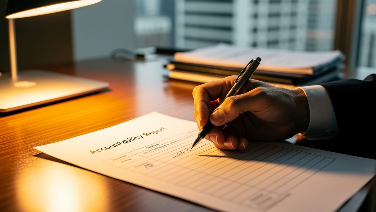 Gestor brasileiro assinando relatório de prestação de contas em mesa de escritório