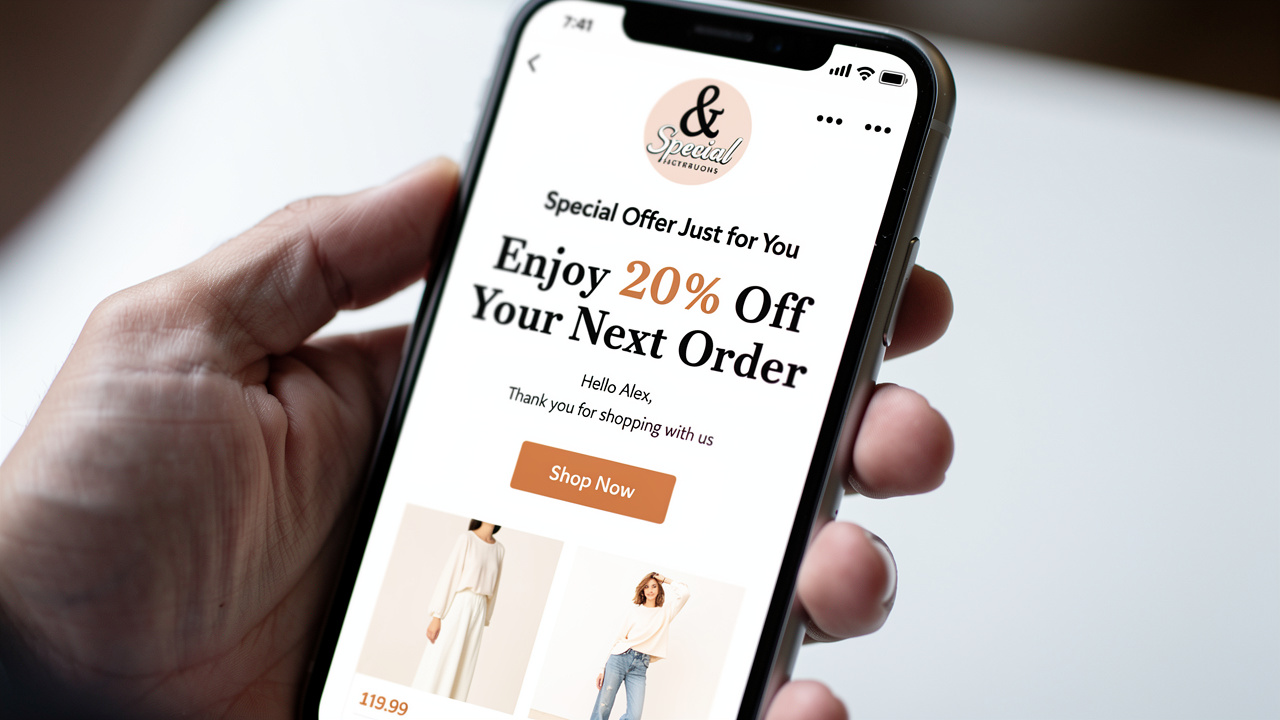 Tela de smartphone exibindo um e-mail de marketing personalizado de uma loja online oferecendo desconto