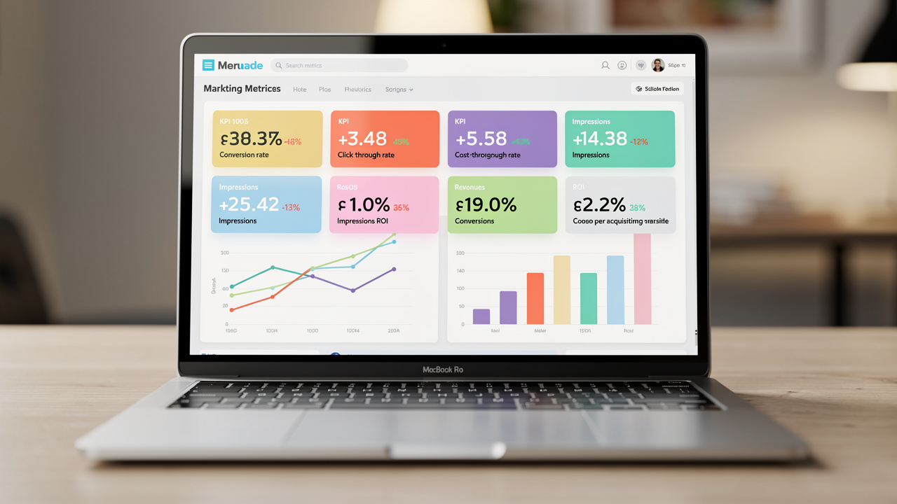 Tela de laptop exibindo painel de métricas de marketing com vários KPIs destacados